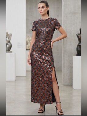 Zara Silver Sequin Dress with Orange Accents